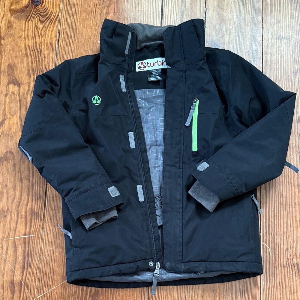 Size M Kids Black ski winter Jacket with Green Accents